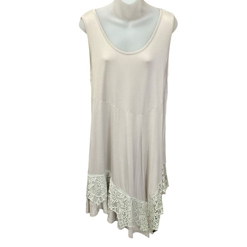 Mollorello Dress Round Neck Asymmetrical Hem Taupe Cream Lace Fringe Medium